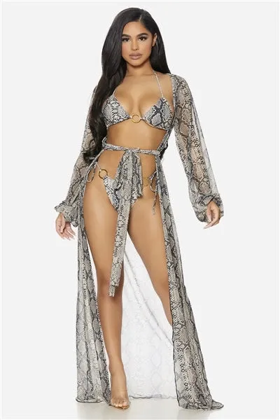 Junior Plus Snake Print Open Front Long Sleeve Kimono / Cover Up