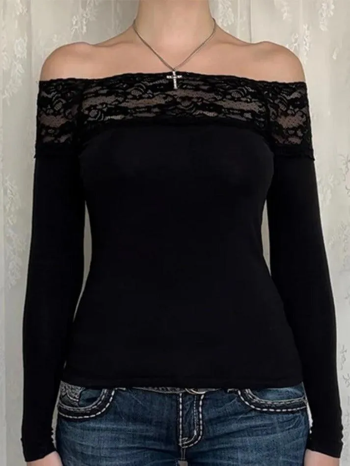 Lace Splice Off Shoulder Long Sleeve Tee