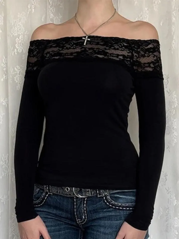 Lace Splice Off Shoulder Long Sleeve Tee