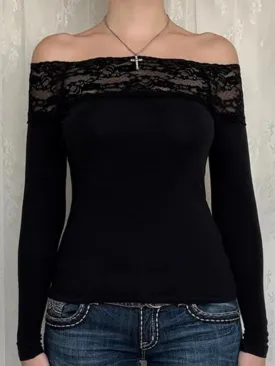 Lace Splice Off Shoulder Long Sleeve Tee