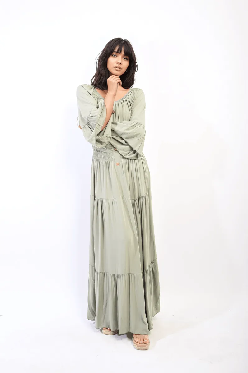 Leah Dress, Ruffle Hem Sleeve Shirred Waist Tiered Maxi Bohemian Dress