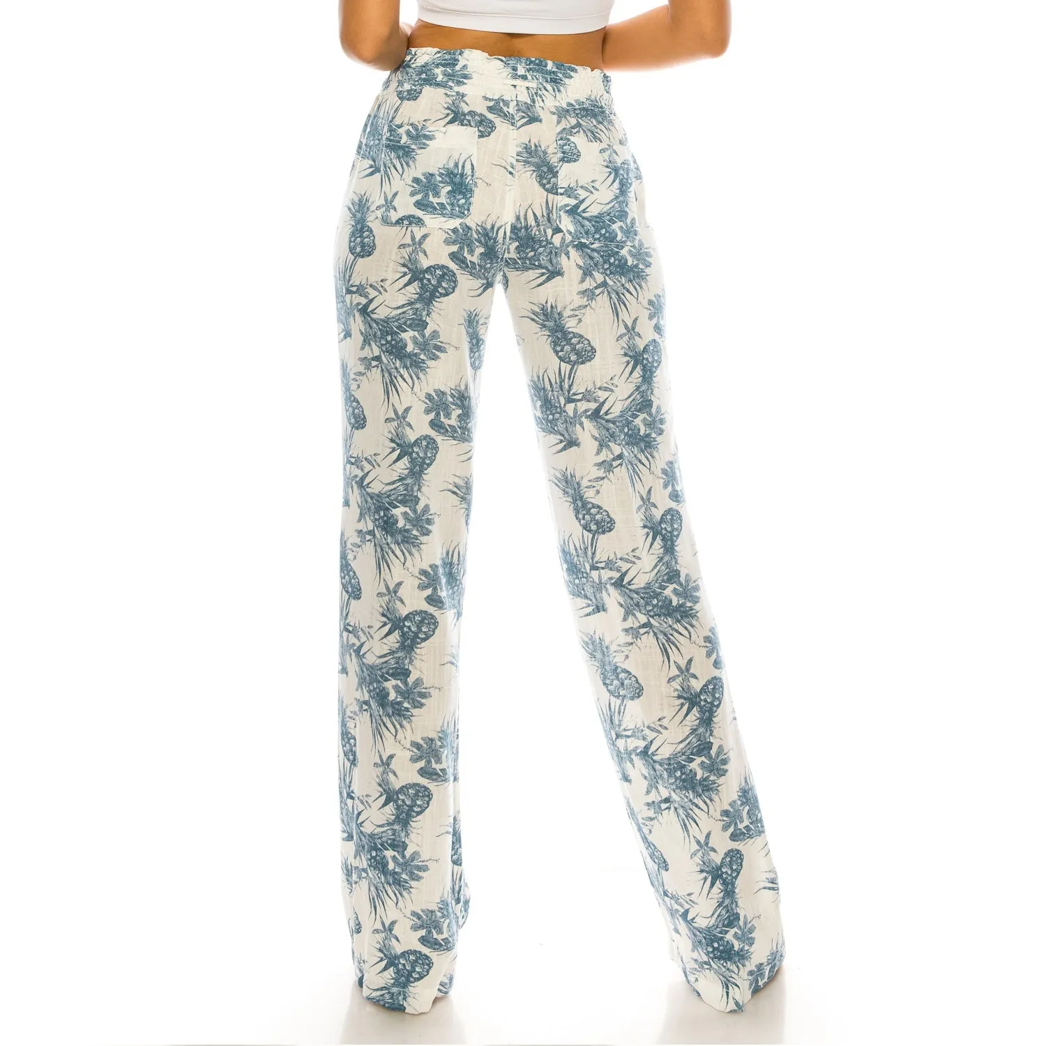 Linen Pants 32" Inseam Drawstring Smocked Waist Printed Beach Pants - Blue White