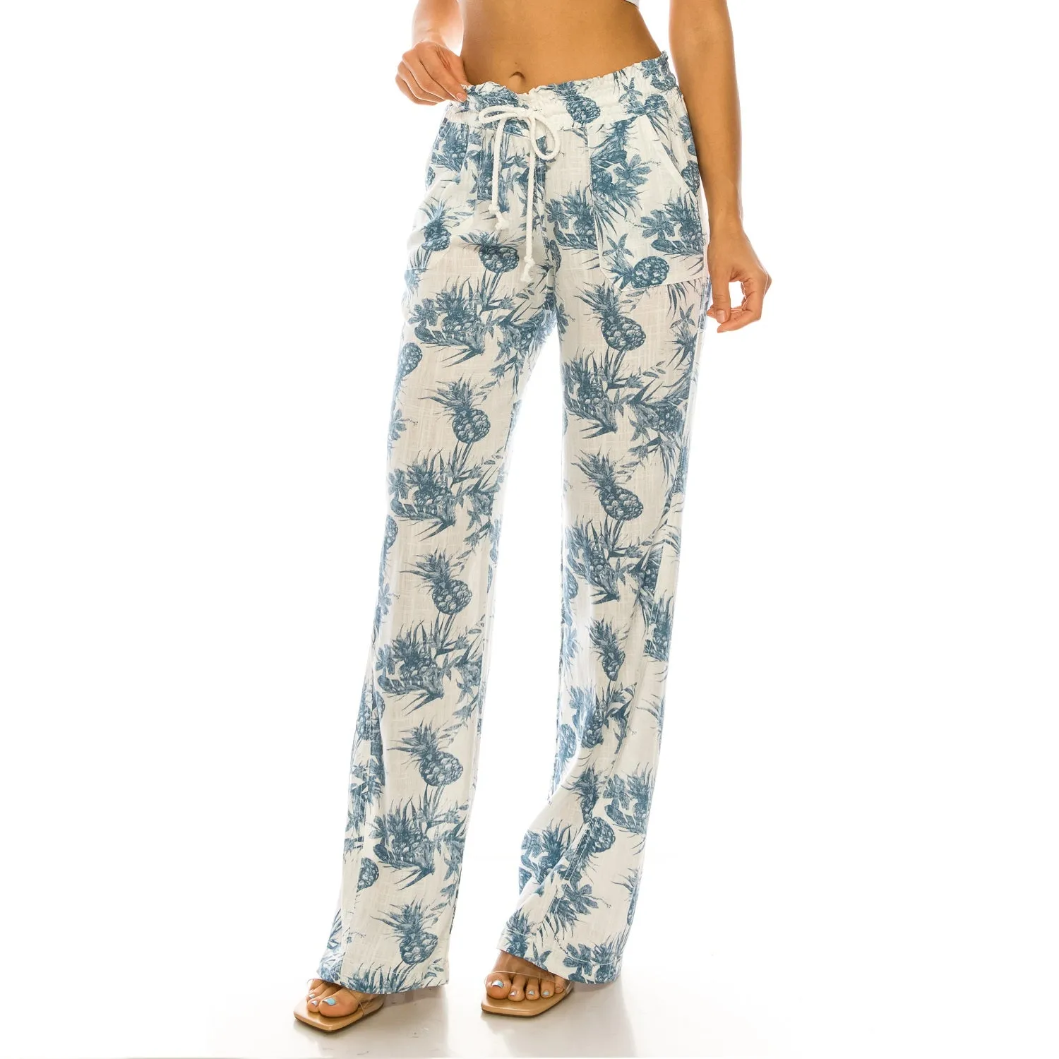 Linen Pants 32" Inseam Drawstring Smocked Waist Printed Beach Pants - Blue White