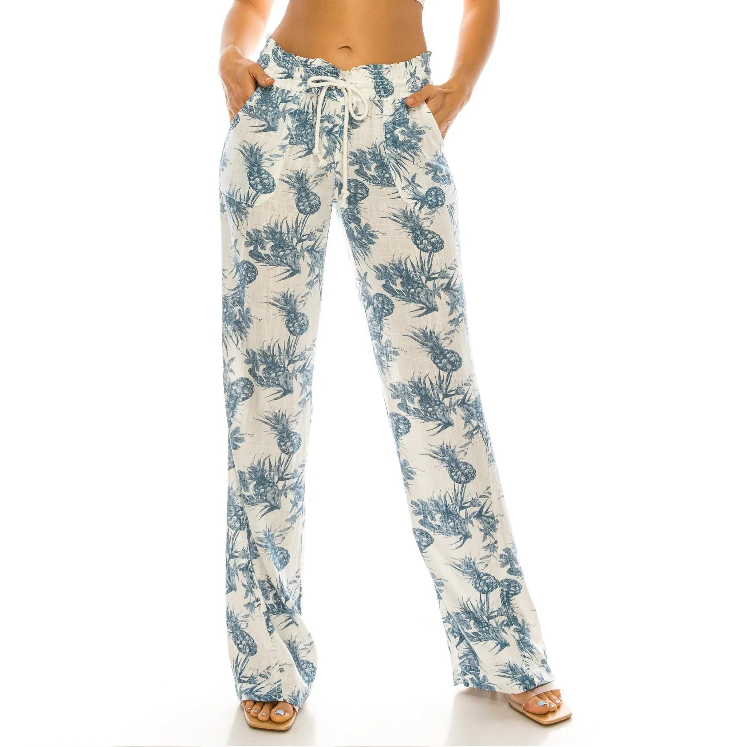 Linen Pants 32" Inseam Drawstring Smocked Waist Printed Beach Pants - Blue White