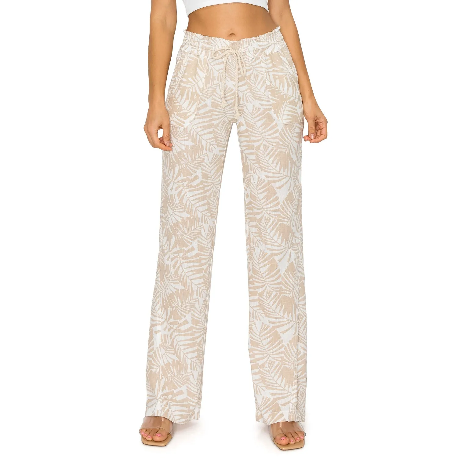 Linen Pants 32" Inseam Drawstring Smocked Waist Printed Beach Pants - Leaf