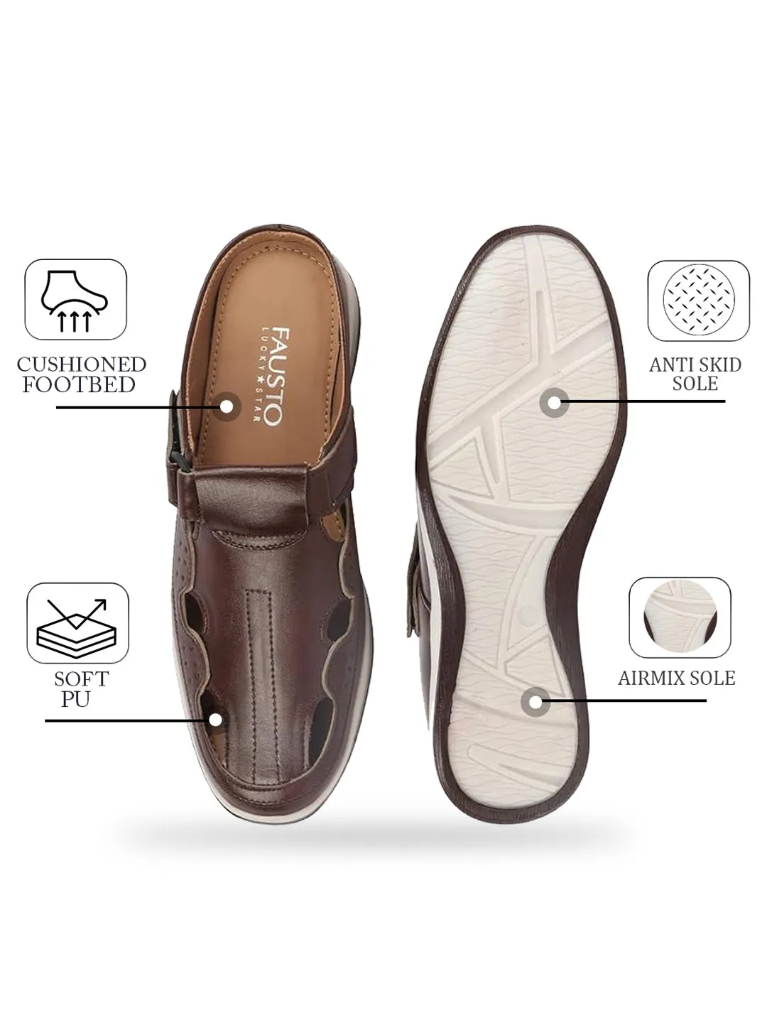 Men Brown Casual Back Open Perforated Day Long Comfort Slip On Sandals