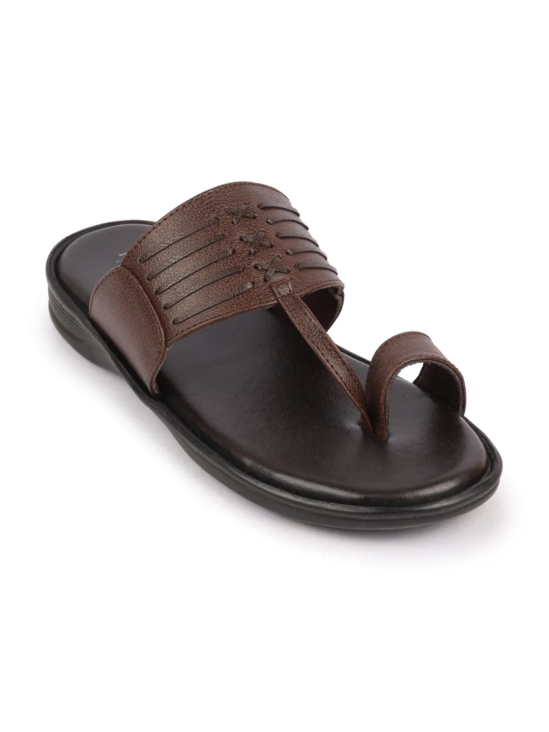 Men Brown Daily Indoor Outdoor Comfort Stitched Design Kolhapuri Toe Ring Slip On Slipper