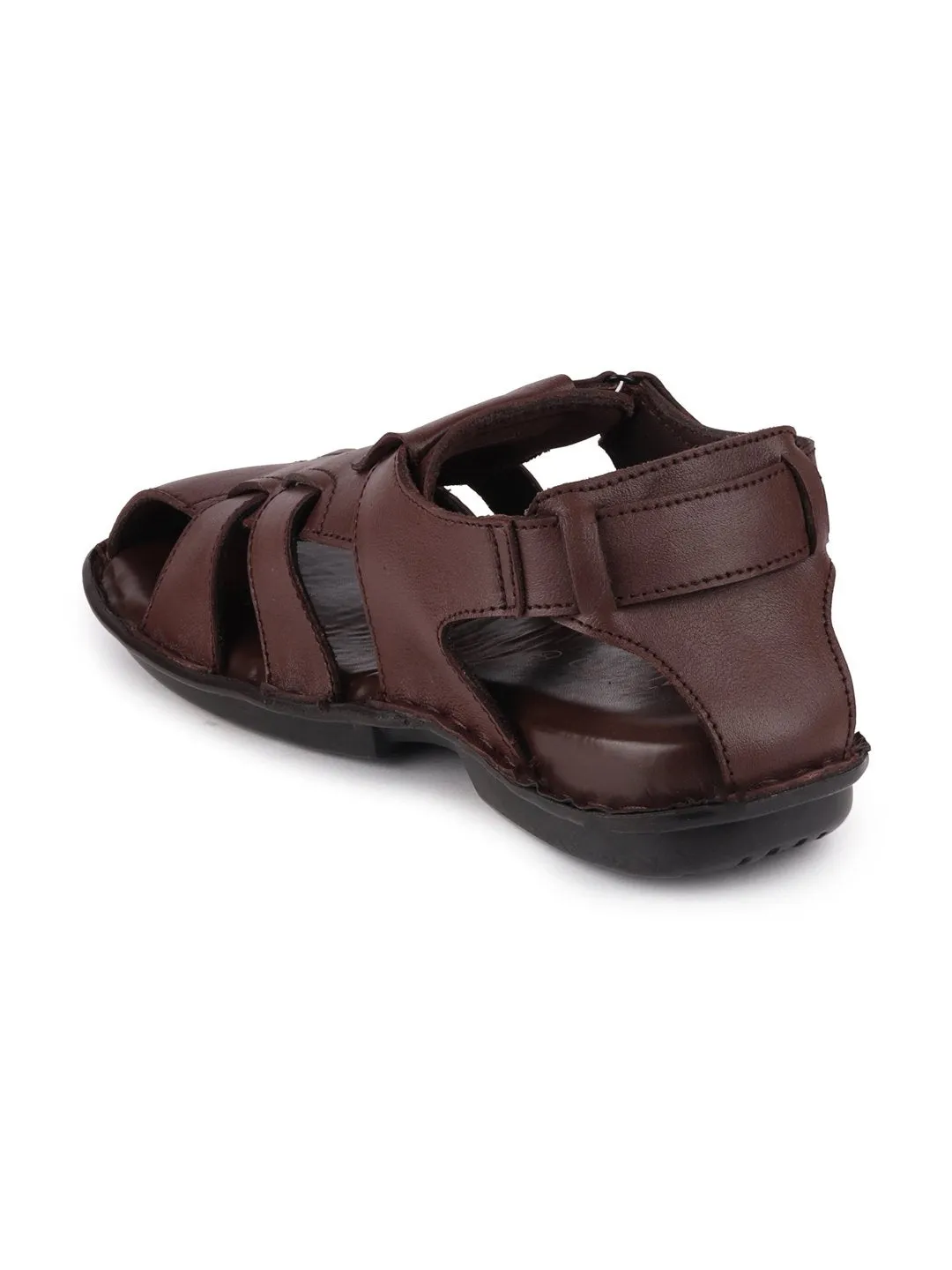 Men Brown Formal Leather Hook & Loop Flat Sandals