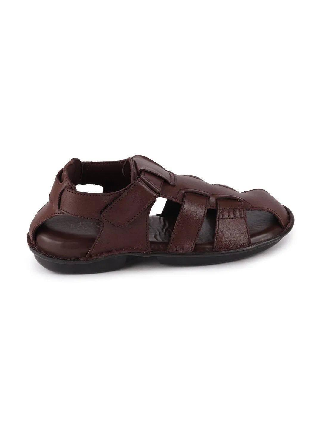 Men Brown Formal Leather Hook & Loop Flat Sandals