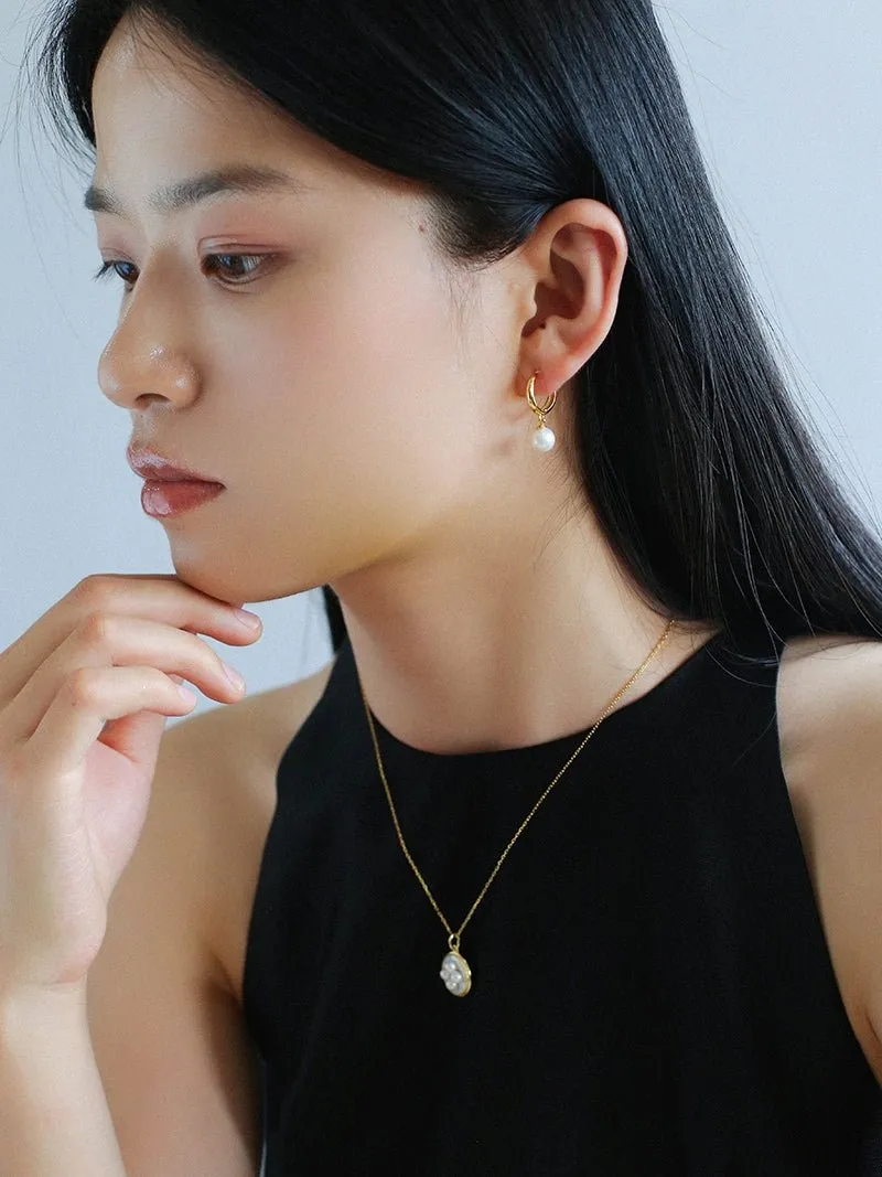 Minimalist Freshwater Pearl Drop Hoop Earrings