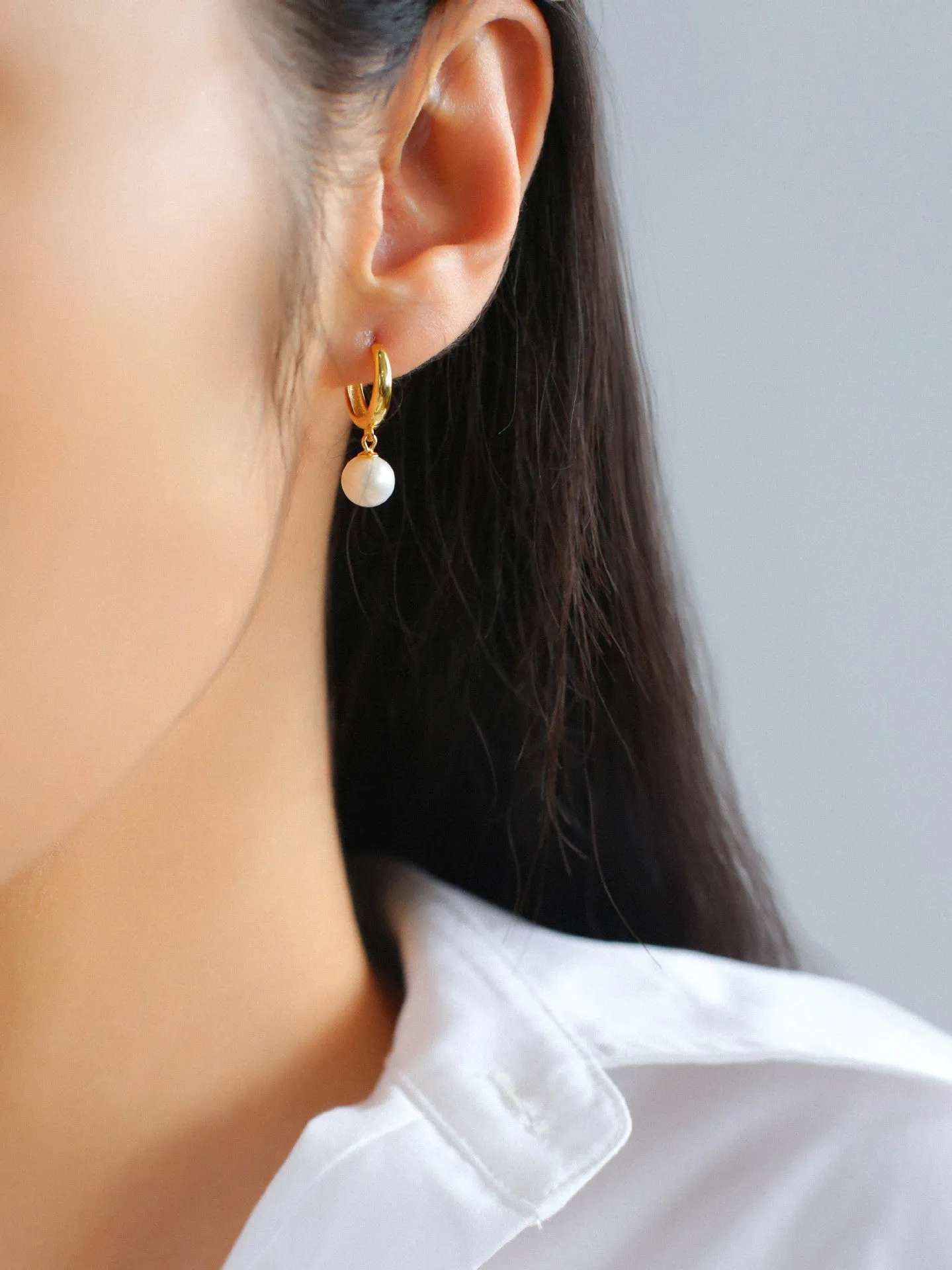 Minimalist Freshwater Pearl Drop Hoop Earrings