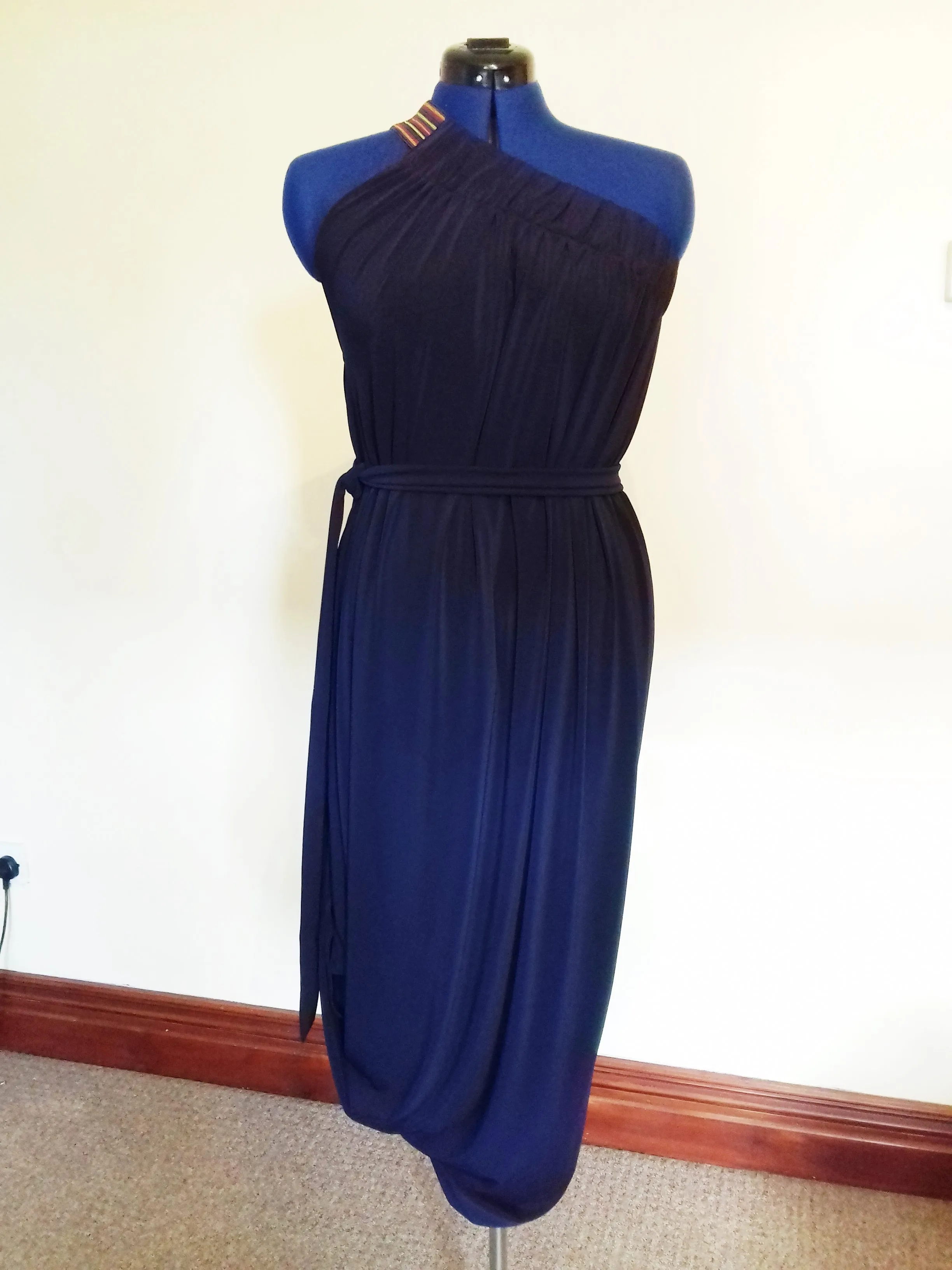 Navy Blue Cold Shoulder Drape Dress