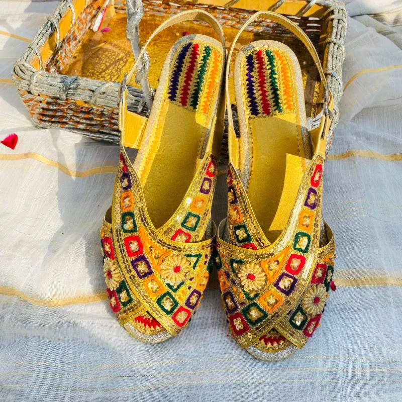 Peshawari Chappal For Girls - Mutli with Golden Sitara Work