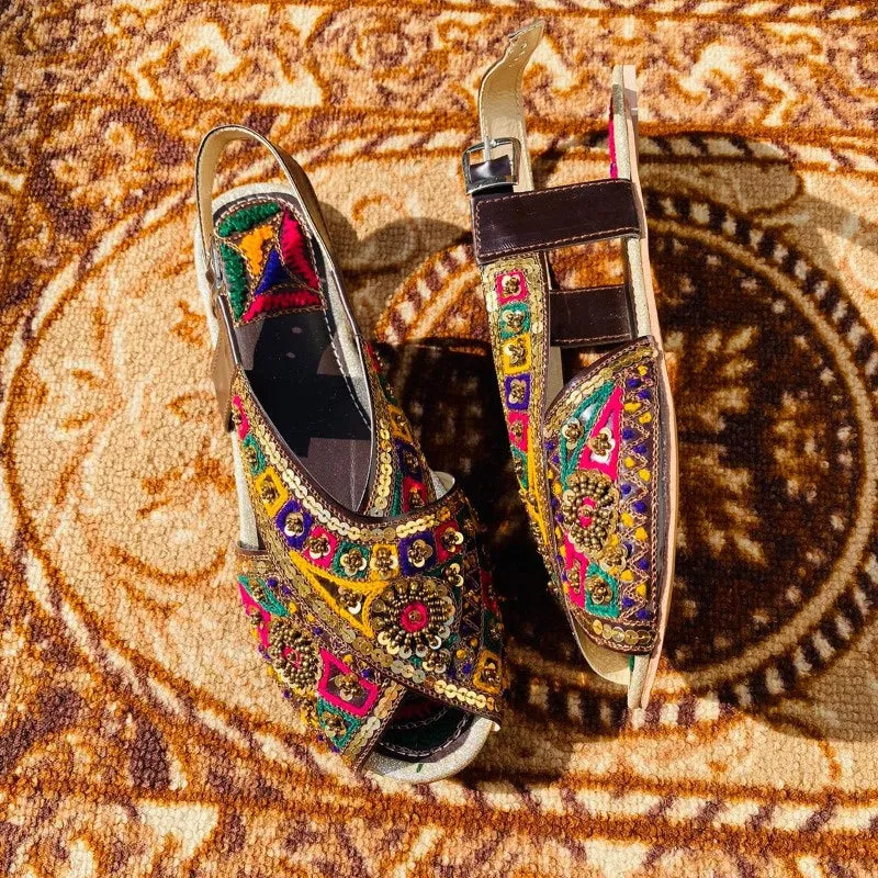 Peshawari Chappal For Girls - Mutli with Golden Sitara Work