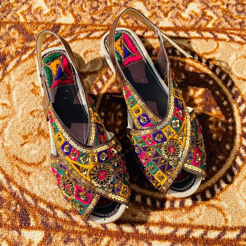 Peshawari Chappal For Girls - Mutli with Golden Sitara Work