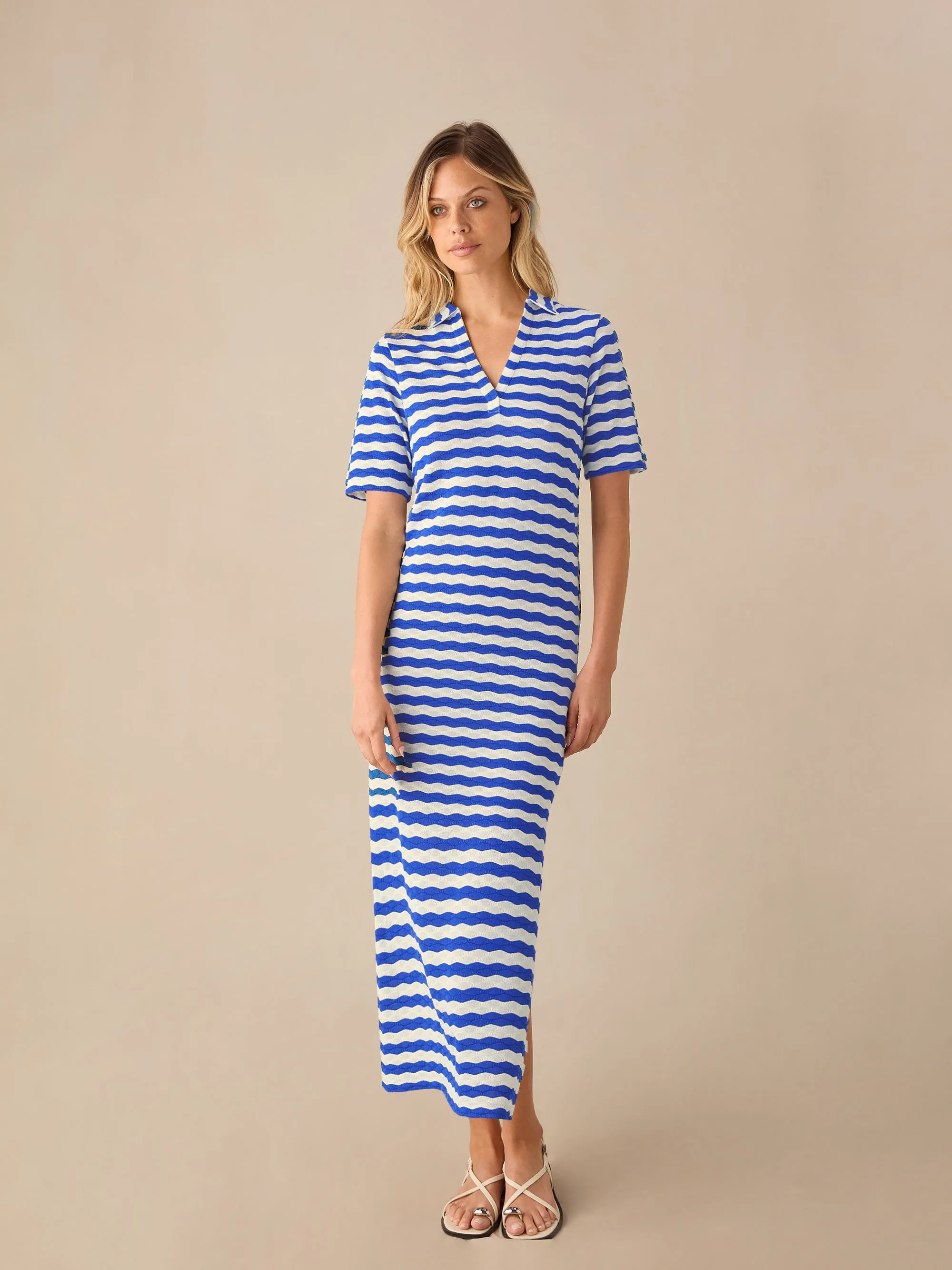 Petite Blue Stripe Knit Collared Dress