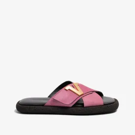 Pink-dark brown women's suede slide sandal