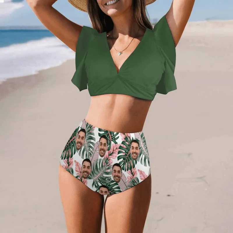 #Plus Size Custom Face Flowers Tropical Plants Women Ruffle High Waisted Flounce Bikini Set Two Pieces Swimsuit Beachwear