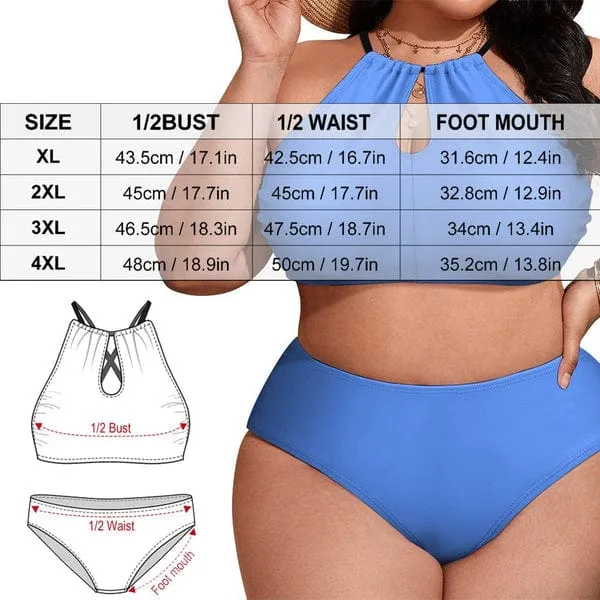 #Plus Size Halter Bikini-Custom Face Holiday Style Plus Size Swimsuit High Neck Cutout High Waisted Bikini Personalized Women's Two Piece Swimsuit Beach Outfits