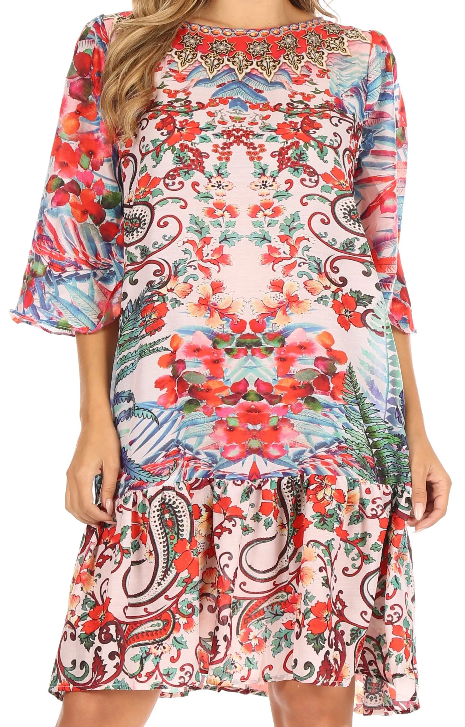 Sakkas Dona Women's Casual Swing 3/4 Sleeve Floral Print Boho Cocktail Midi Dress