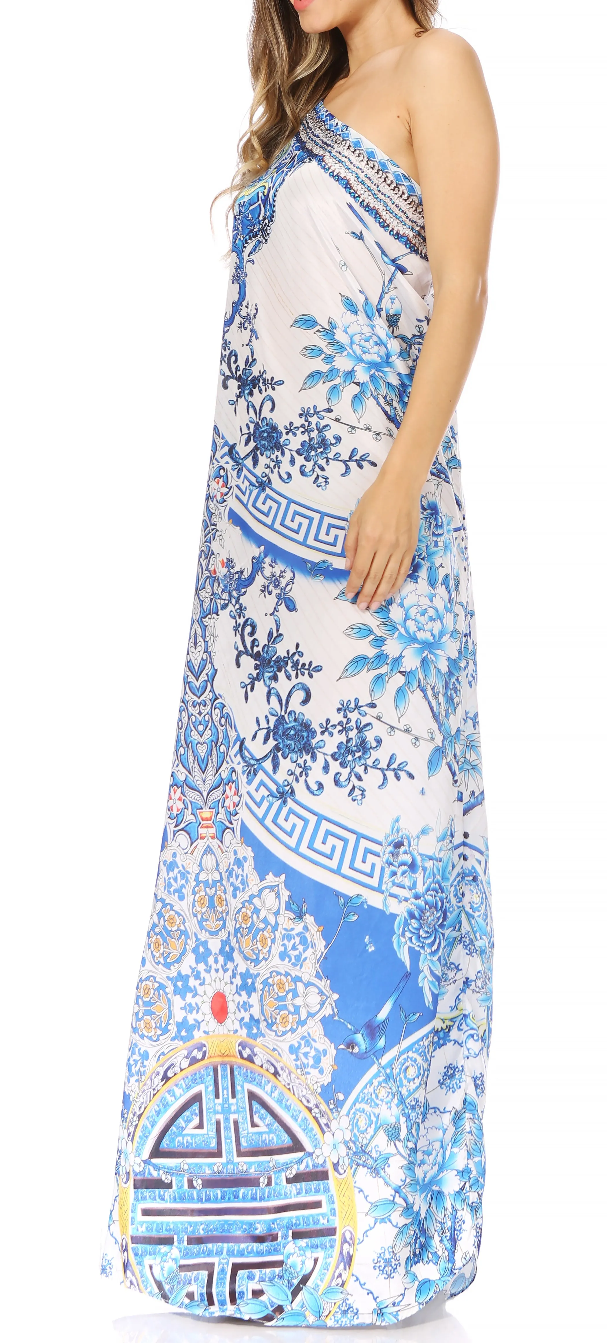 Sakkas Dora Women's One Shoulder Short Sleeve Casual Elegant Maxi Dress with Print