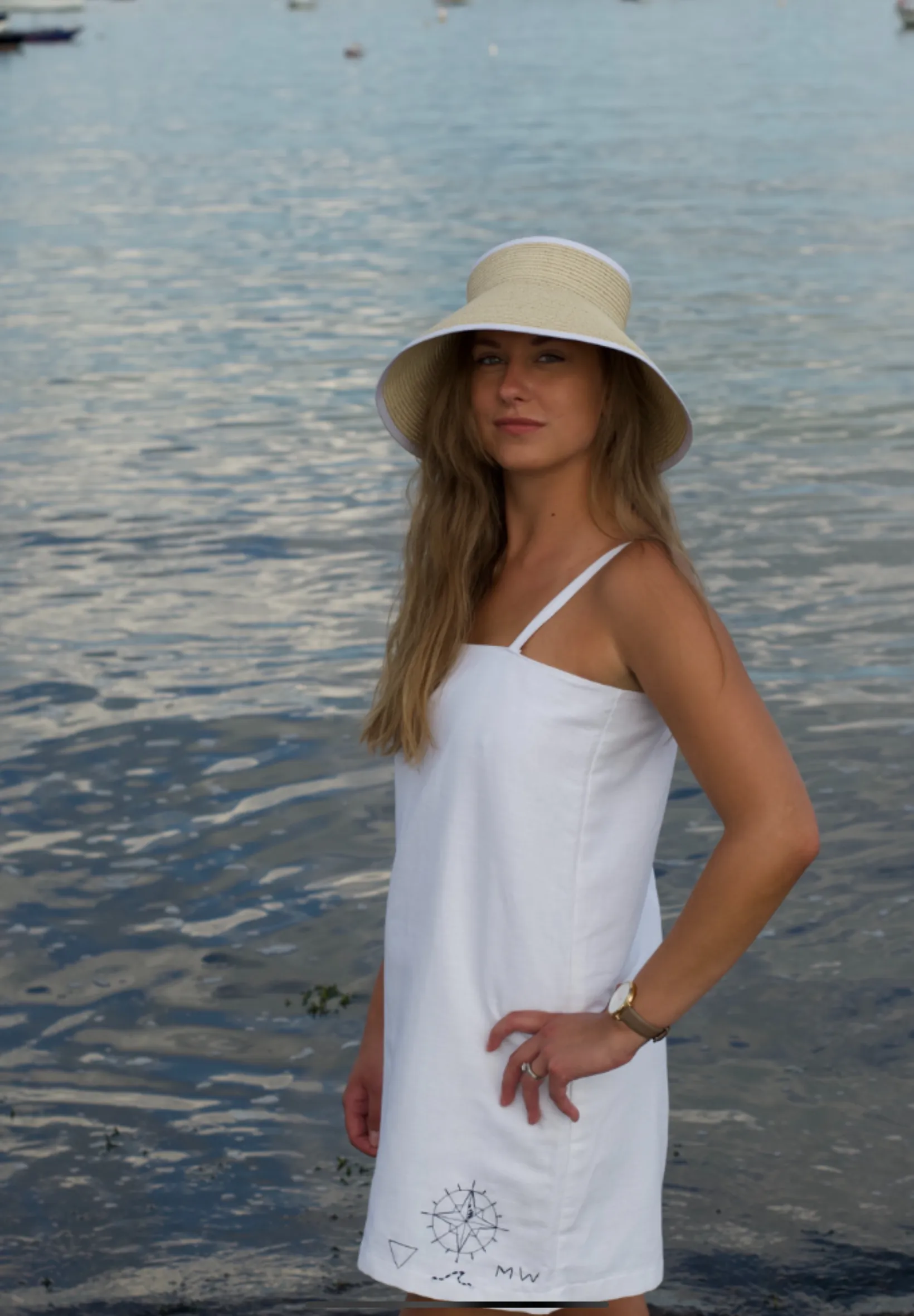 White Linen Spaghetti Beach Dress with Nautical Embroidery Detail