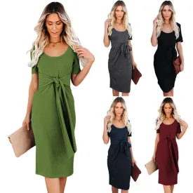 Women Solid Color Short Sleeve Slim Fit Front Cross Tie Dress