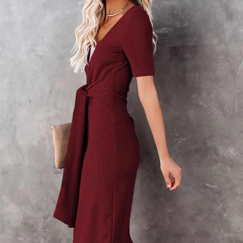 Women Solid Color Short Sleeve Slim Fit Front Cross Tie Dress