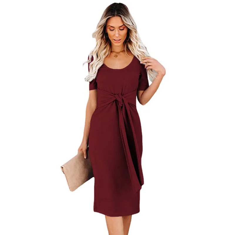 Women Solid Color Short Sleeve Slim Fit Front Cross Tie Dress