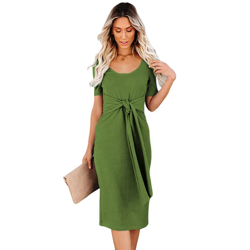 Women Solid Color Short Sleeve Slim Fit Front Cross Tie Dress