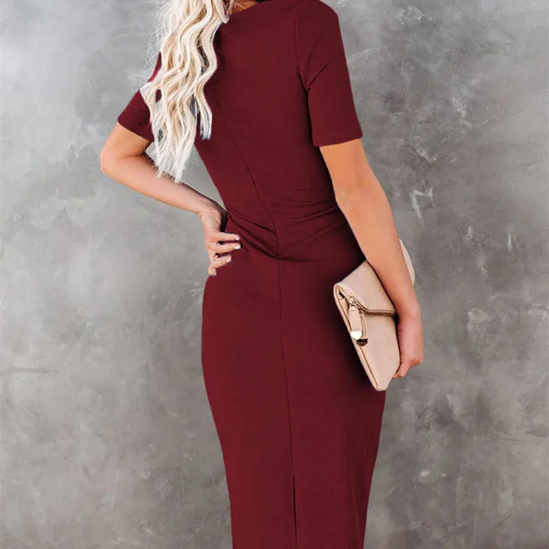 Women Solid Color Short Sleeve Slim Fit Front Cross Tie Dress