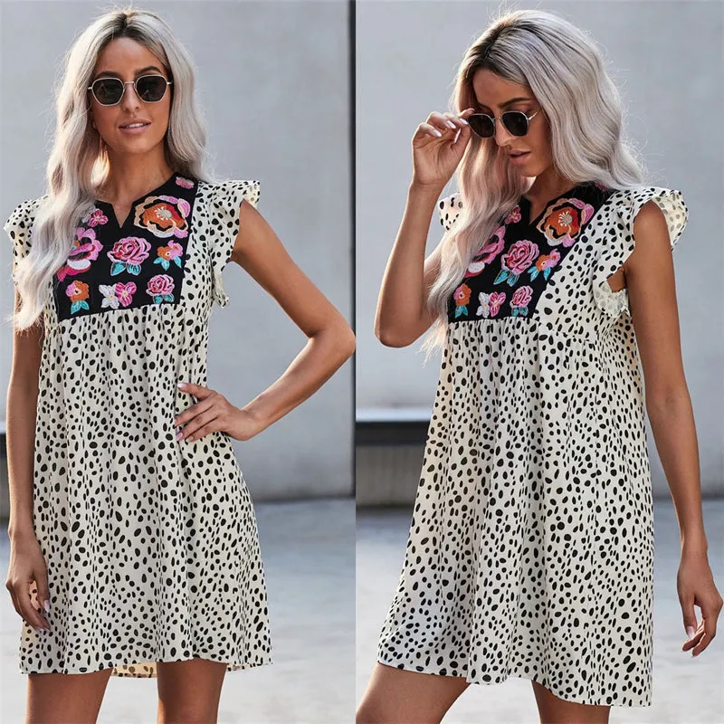 Women V-neck Leopard Chiffon Sleeveless Ruffle Tank Dress