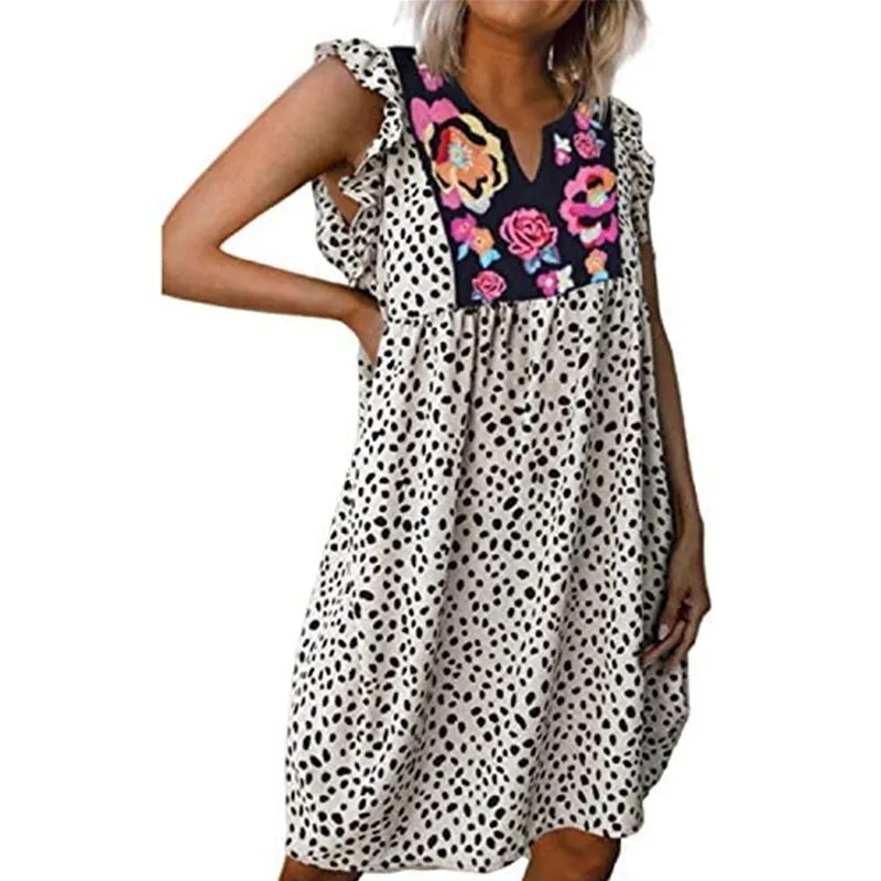 Women V-neck Leopard Chiffon Sleeveless Ruffle Tank Dress