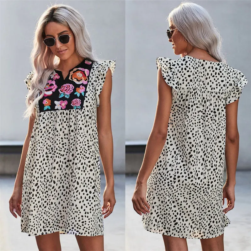 Women V-neck Leopard Chiffon Sleeveless Ruffle Tank Dress