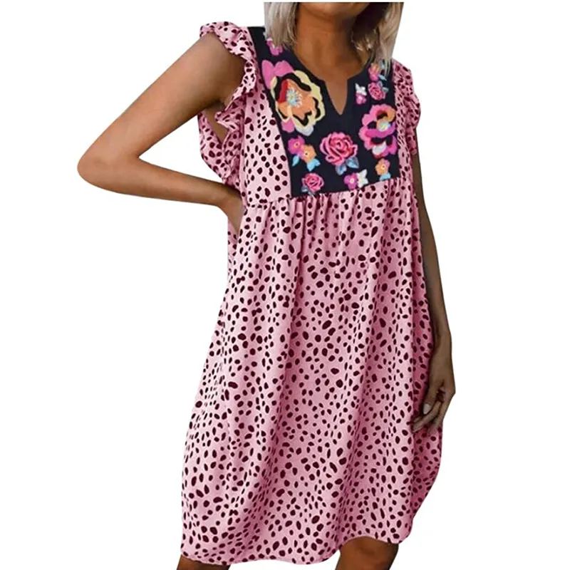 Women V-neck Leopard Chiffon Sleeveless Ruffle Tank Dress