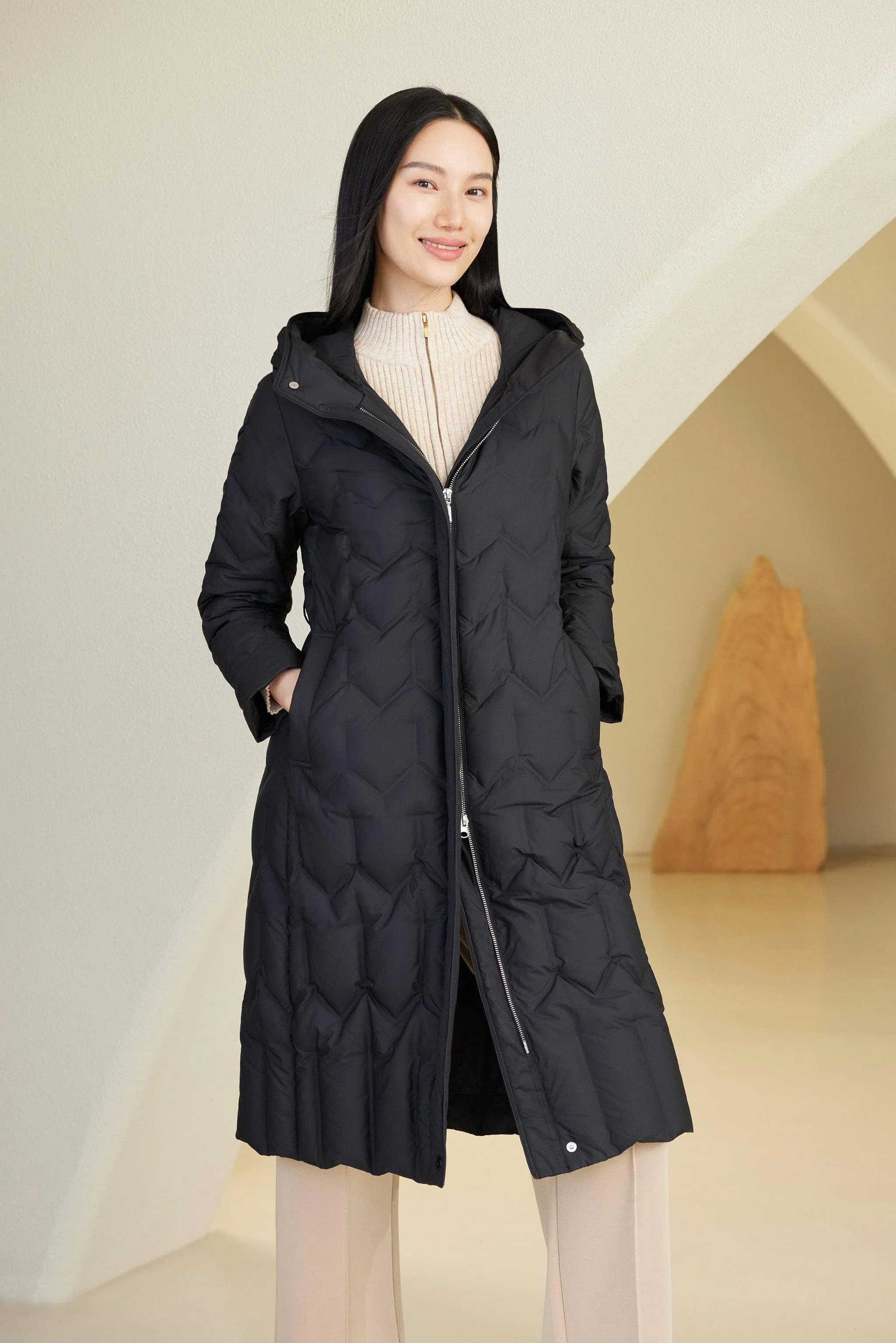 Women's Long Hooded Goose Down Jacket With Belt 4172