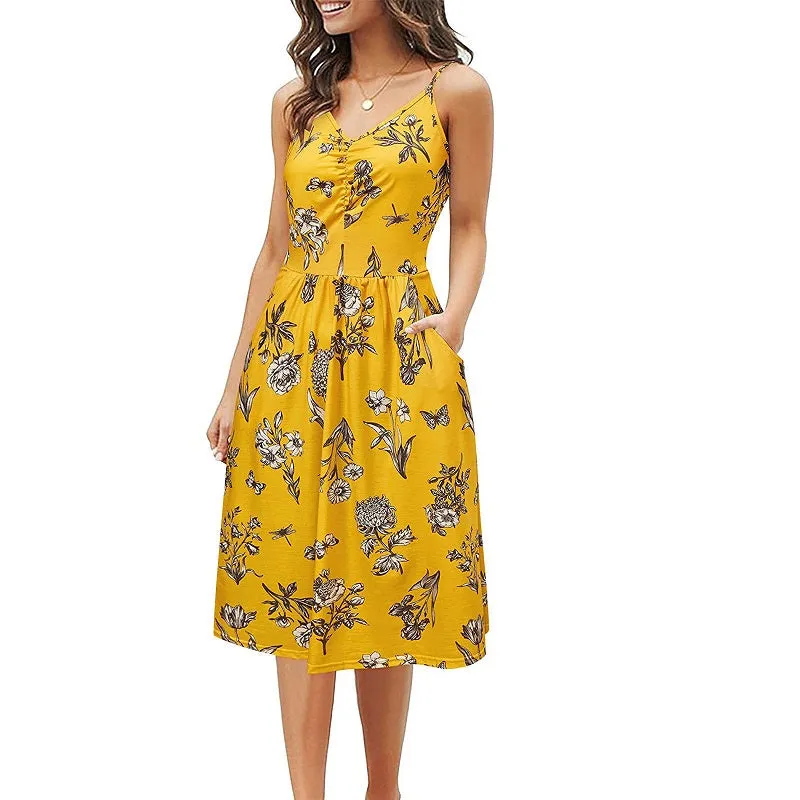 Womens V-Neck Floral Print Spaghetti Strap Sleeveless Dress