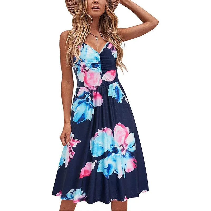 Womens V-Neck Floral Print Spaghetti Strap Sleeveless Dress