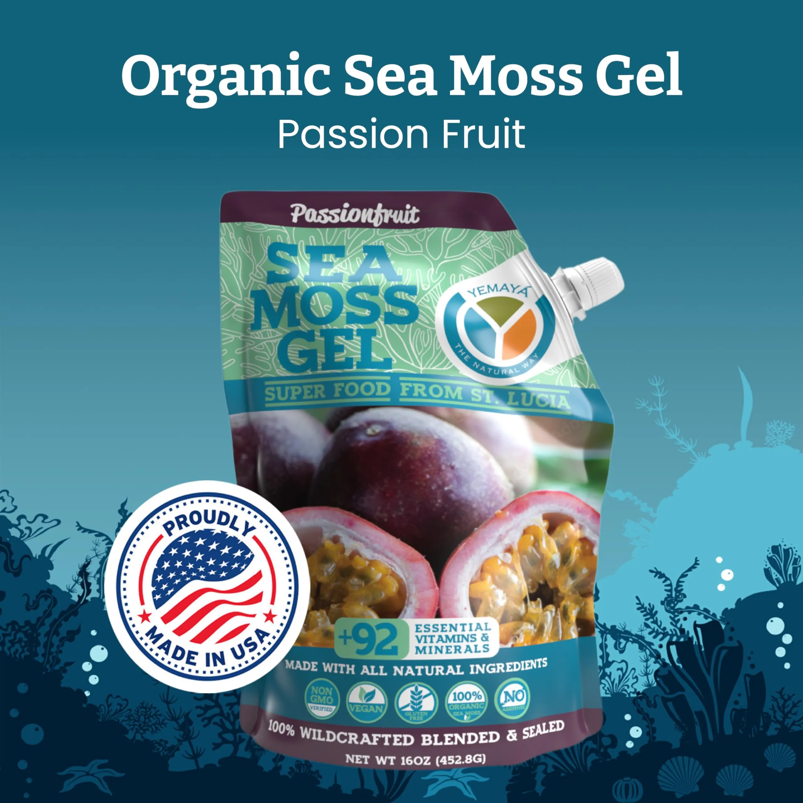 Yemayá Organic Sea Moss Gel Organic Raw | Wildcrafted Sea Moss Gel Enhanced with Real Fruit, Boost Immunity, Energy, Digestion, Hair, Skin & Nails - 16 oz, Passionfruit Flavor